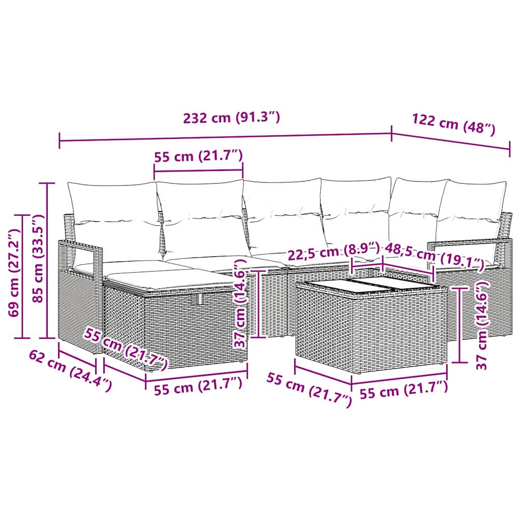 vidaXL Sofa Set mit Kissen mit Speicher 7 pcs Hellgrau Poly-Rattan