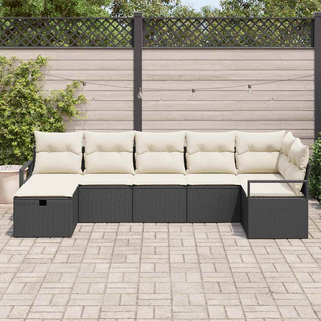 Sofa Set mit Kissen 7 pcs Schwarz und Creme Poly-Rattan