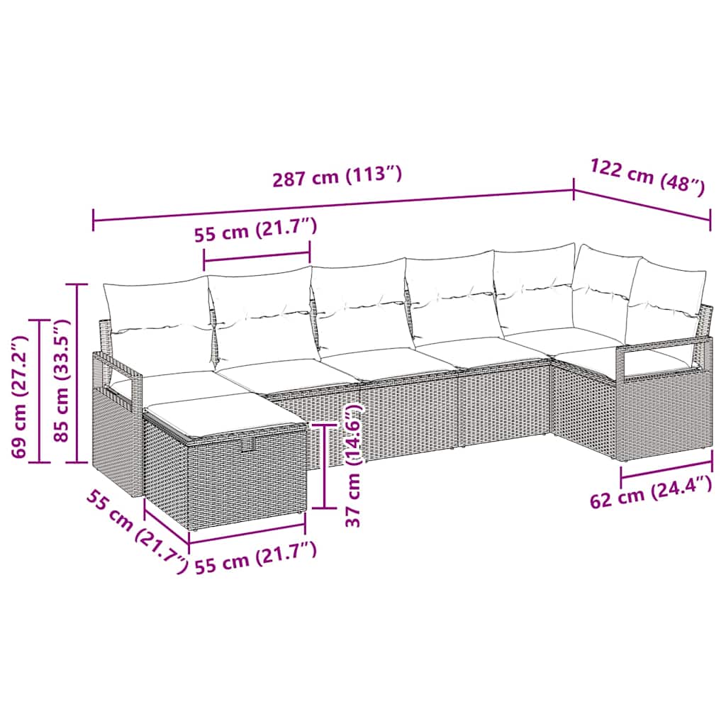vidaXL Sofa Set mit Kissen mit Speicher 7 pcs Hellgrau Poly-Rattan