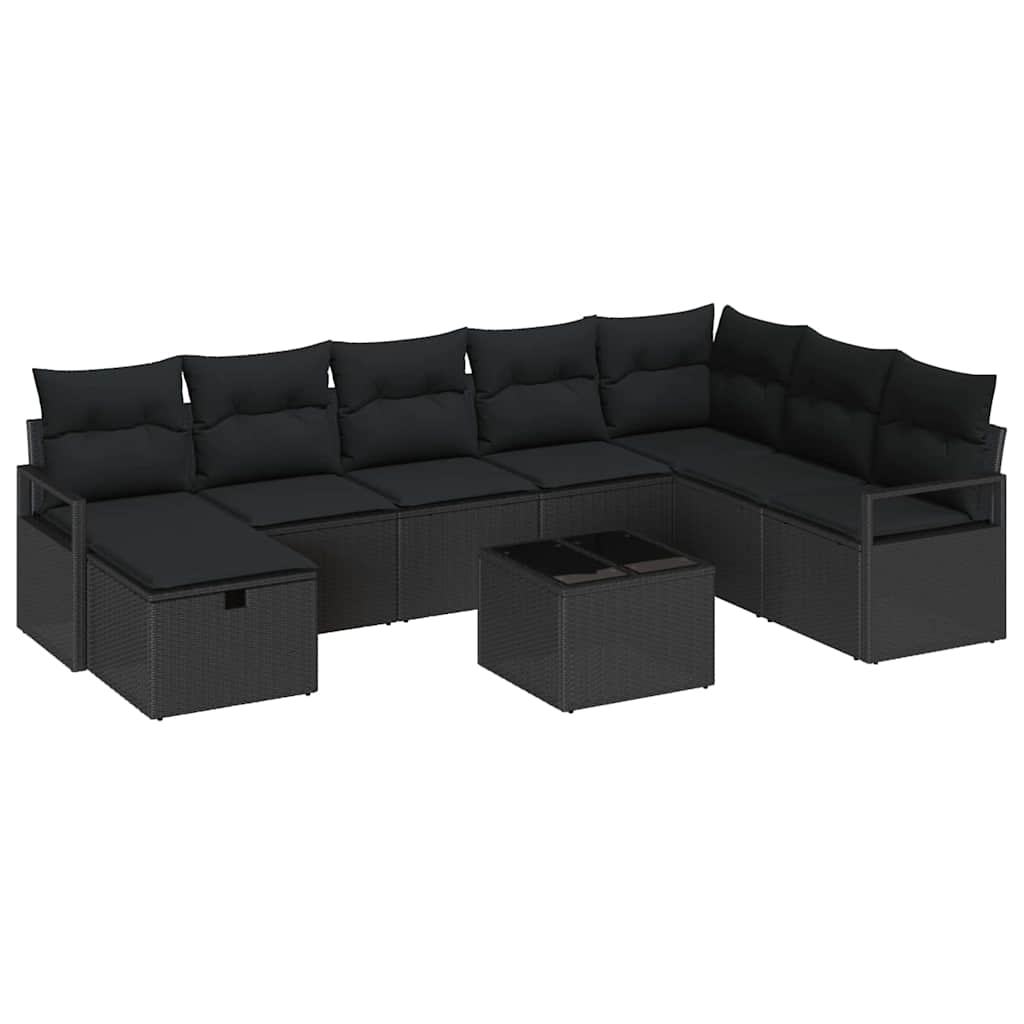 Sofa Set mit Kissen mit Speicher 9 pcs Schwarz Poly-Rattan