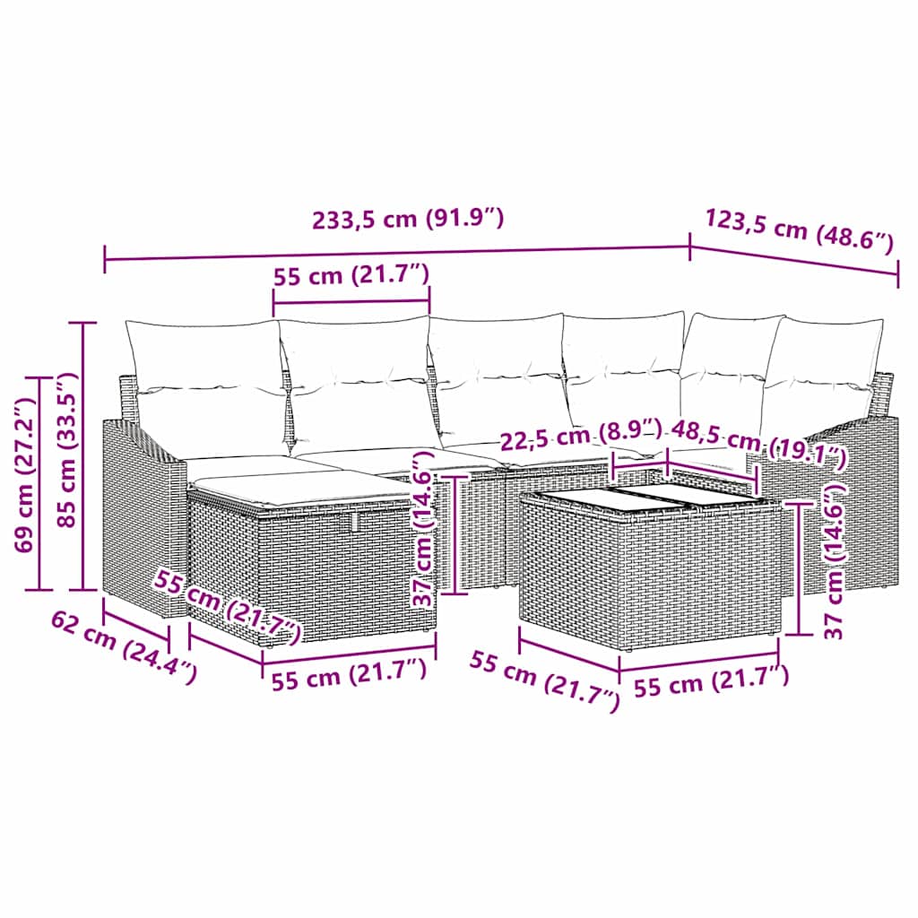 vidaXL Sofa Set mit Kissen 7 pcs Hellgrau und Grau Poly-Rattan