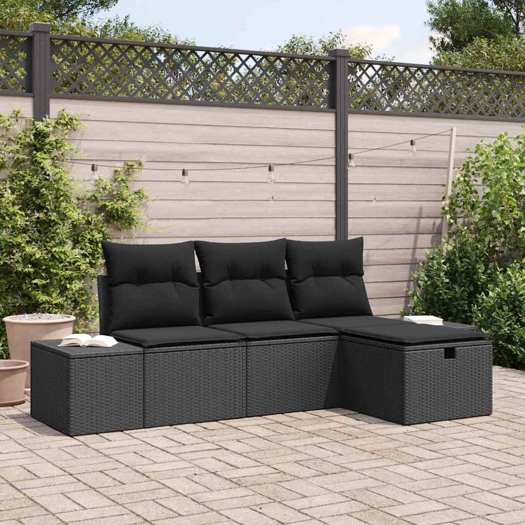 Garten-Sofa-Set mit Kissen 4 pcs Schwarz Poly Rattan