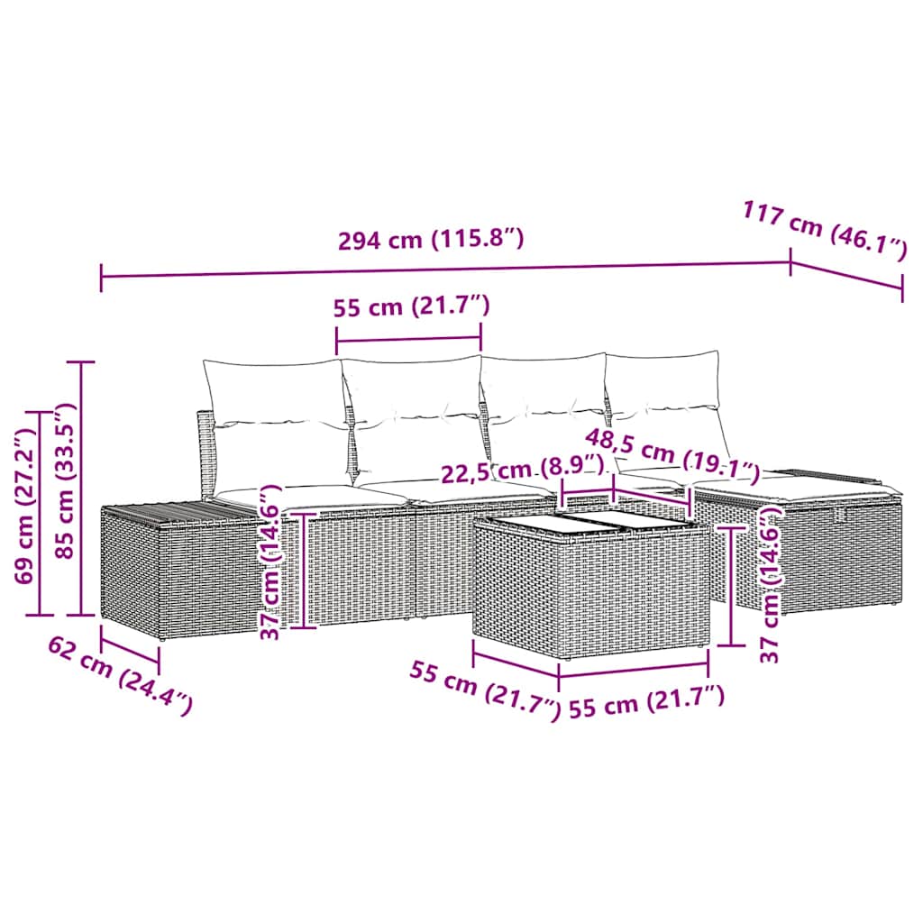 Gartensofa-set mit Kissen 6 pcs Grau Poly-Rattan