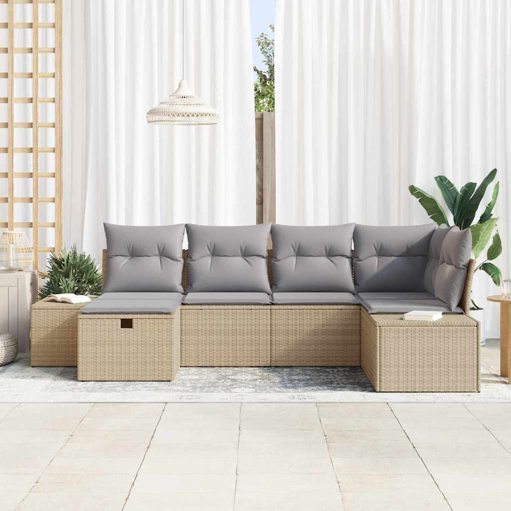 Gartensofa-set mit Kissen 6 pcs Beige Poly-Rattan