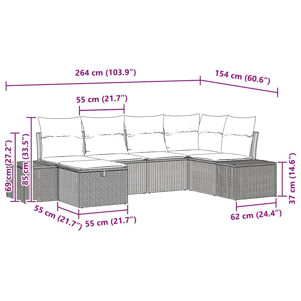 Gartensofa-set mit Kissen 6 pcs Beige Poly-Rattan