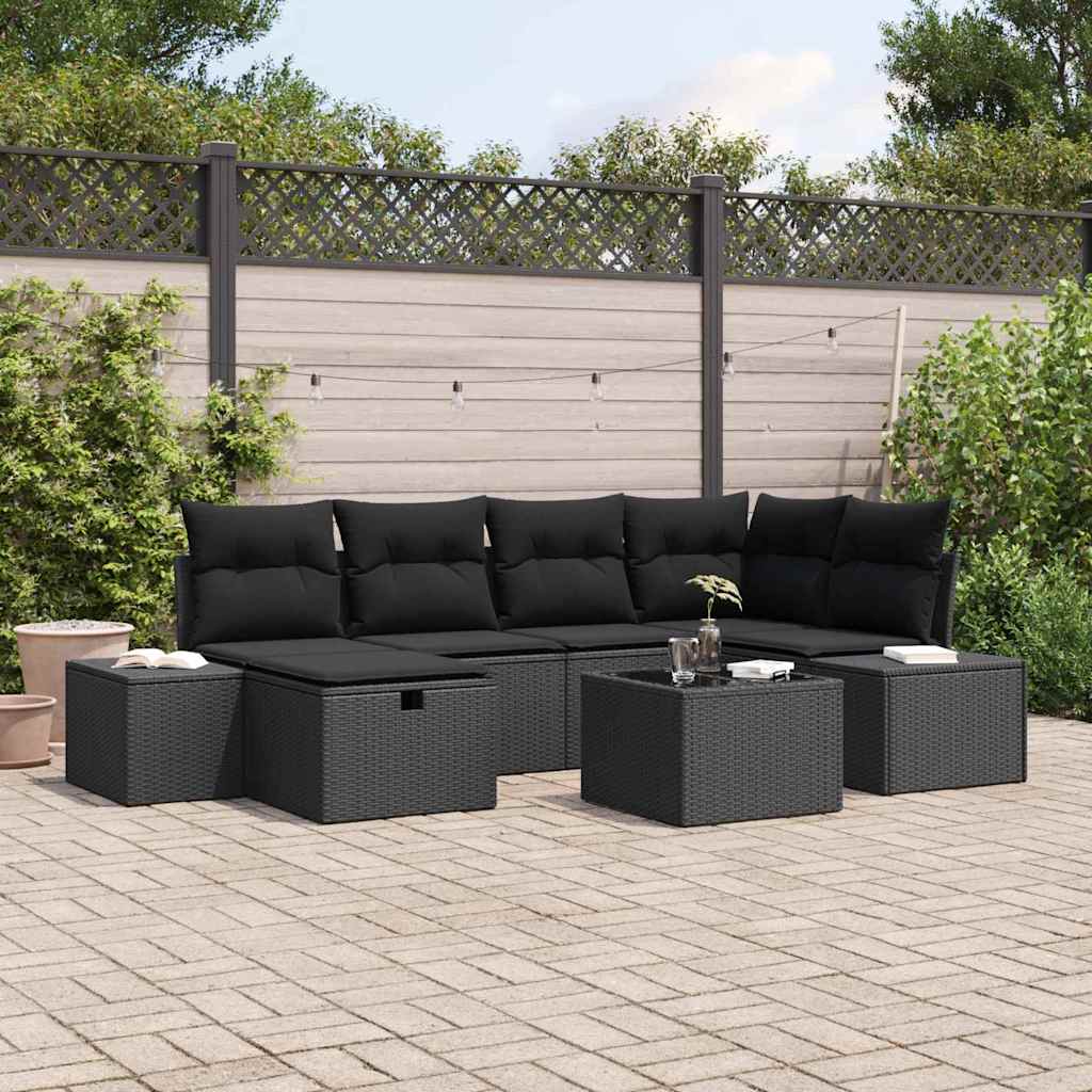 Gartensofa-set mit Kissen 7 pcs Schwarz Poly-Rattan