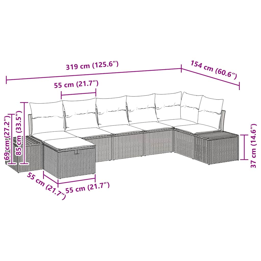 Gartensofa-set mit Kissen 7 pcs Schwarz Poly-Rattan