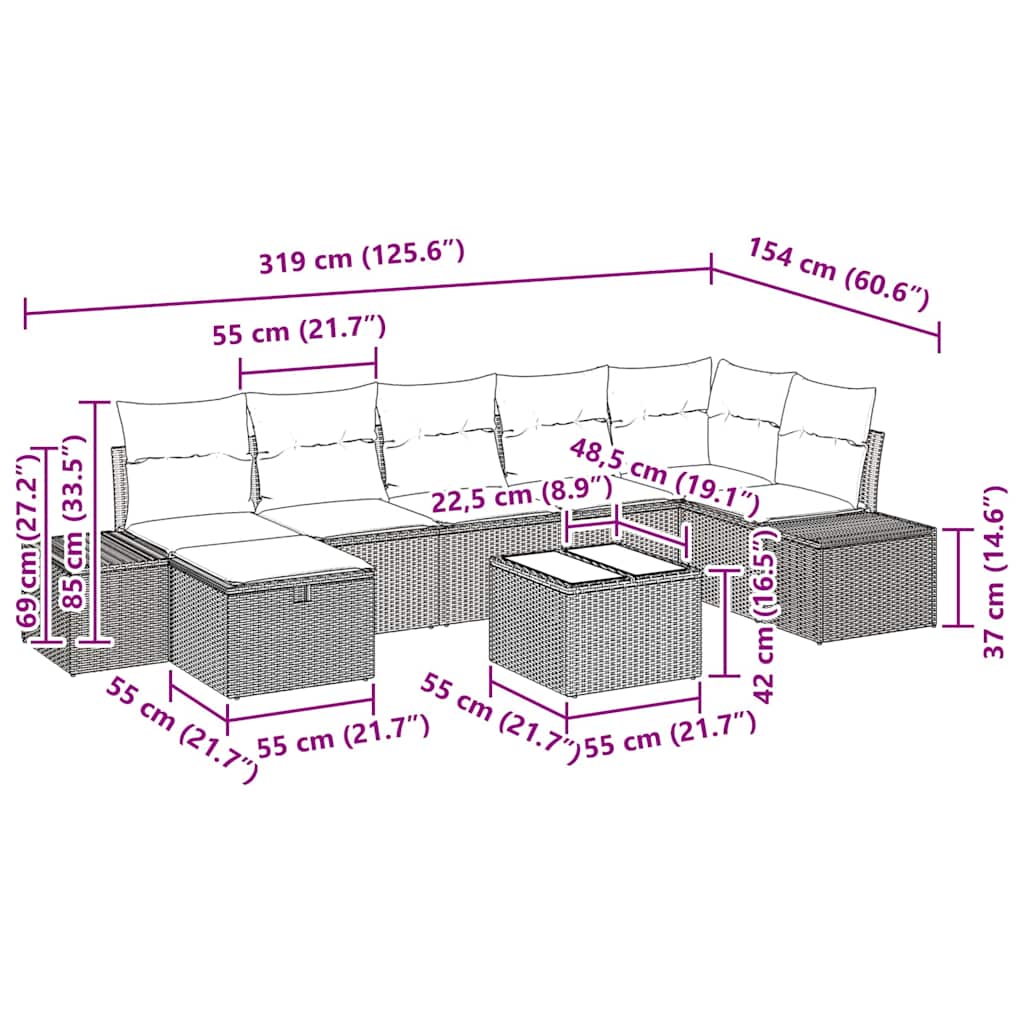Gartensofa-set mit Kissen 8 pcs Braun Poly-Rattan