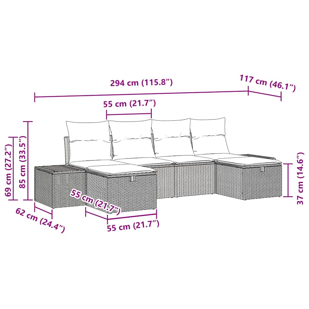 Gartensofa-set mit Kissen 6 pcs Braun Poly-Rattan