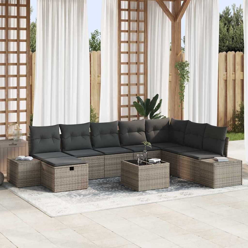 Gartensofa-set mit Kissen 9 pcs Grau Poly-Rattan
