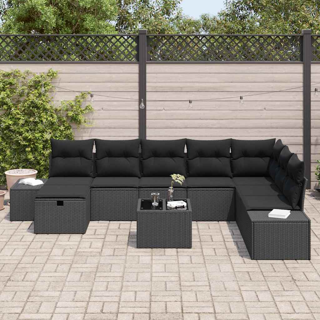 Gartensofa-set mit Kissen 9 pcs Schwarz Poly-Rattan