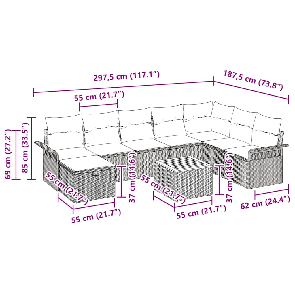 Gartensofa-set mit Kissen 9 pcs Schwarz Poly-Rattan