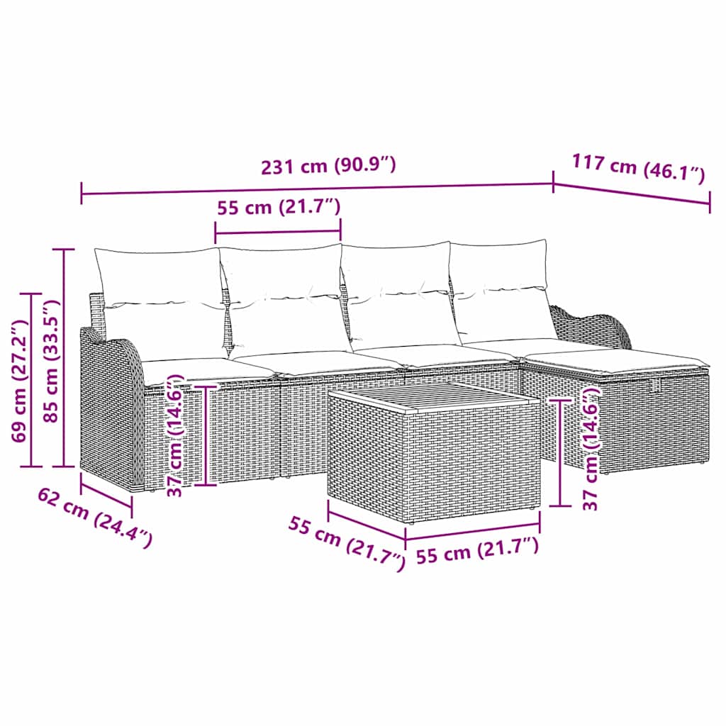 Gartensofa-set mit Kissen 6 pcs Schwarz Poly-Rattan