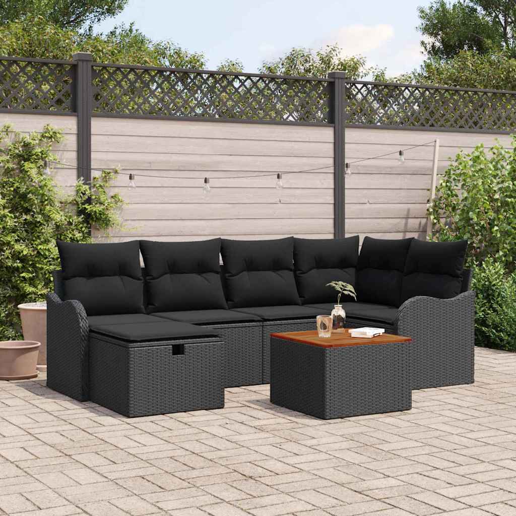 Gartensofa-set mit Kissen 7 pcs Schwarz Poly-Rattan