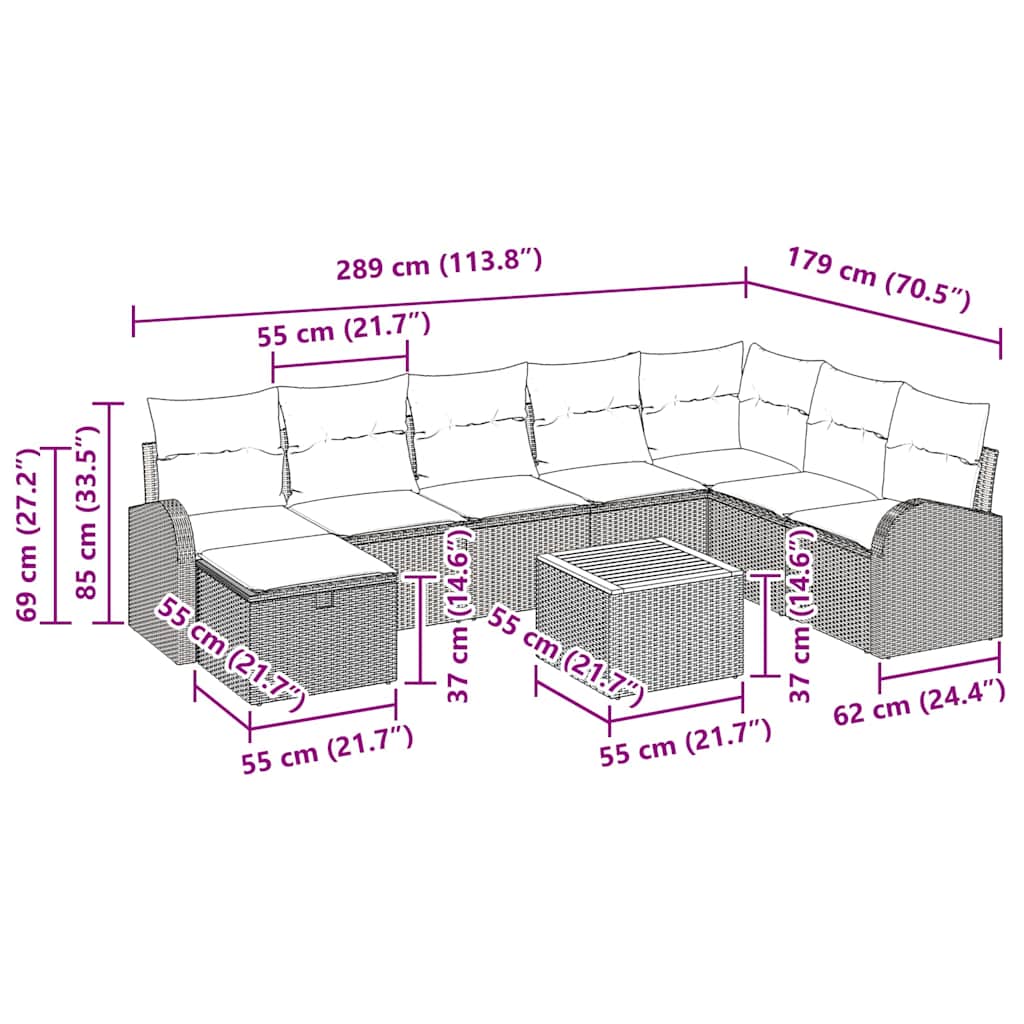 Gartensofa-set mit Kissen 9 pcs Schwarz Poly-Rattan
