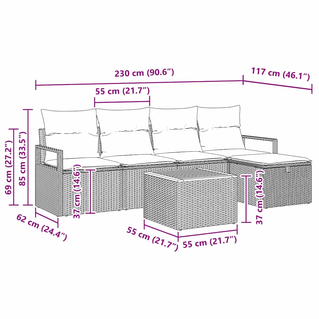 vidaXL Gartensofa-set mit Kissen mit Speicher 6 pcs Beige Poly-Rattan