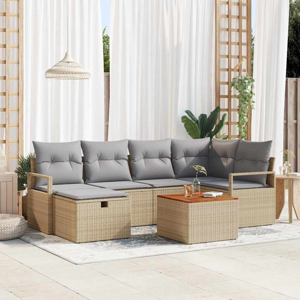 Gartensofa-set mit Kissen mit Speicher 7 pcs Beige Poly-Rattan