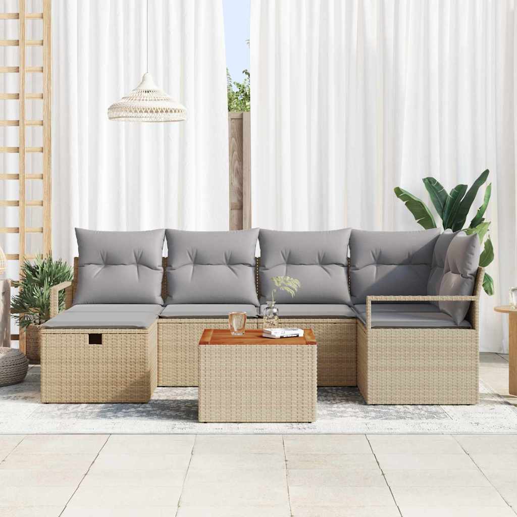 Gartensofa-set mit Kissen mit Speicher 7 pcs Beige Poly-Rattan