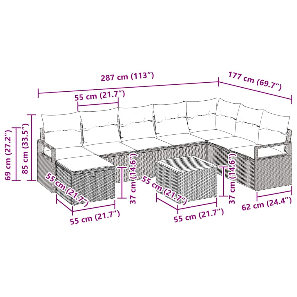 Gartensofa-set mit Kissen 9 pcs Schwarz Poly-Rattan