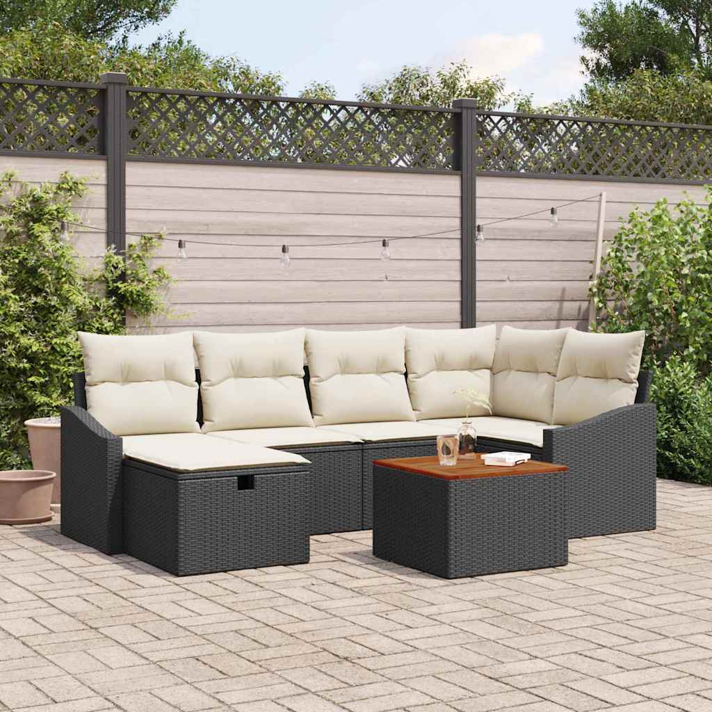 Gartensofa-set mit Kissen 7 pcs Schwarz Poly-Rattan