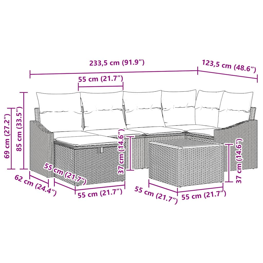 Gartensofa-set mit Kissen mit Speicher 7 pcs Grau Poly-Rattan