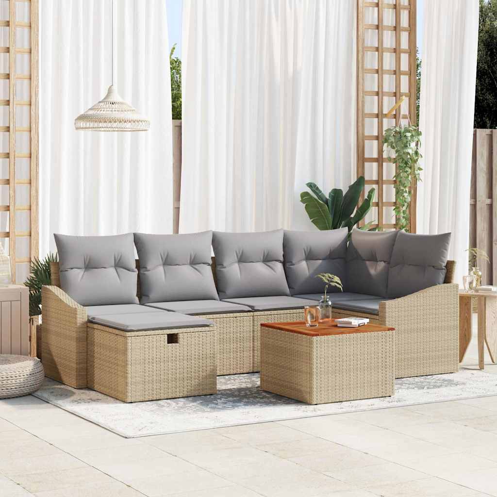 Gartensofa-set mit Kissen mit Speicher 7 pcs Beige Poly-Rattan