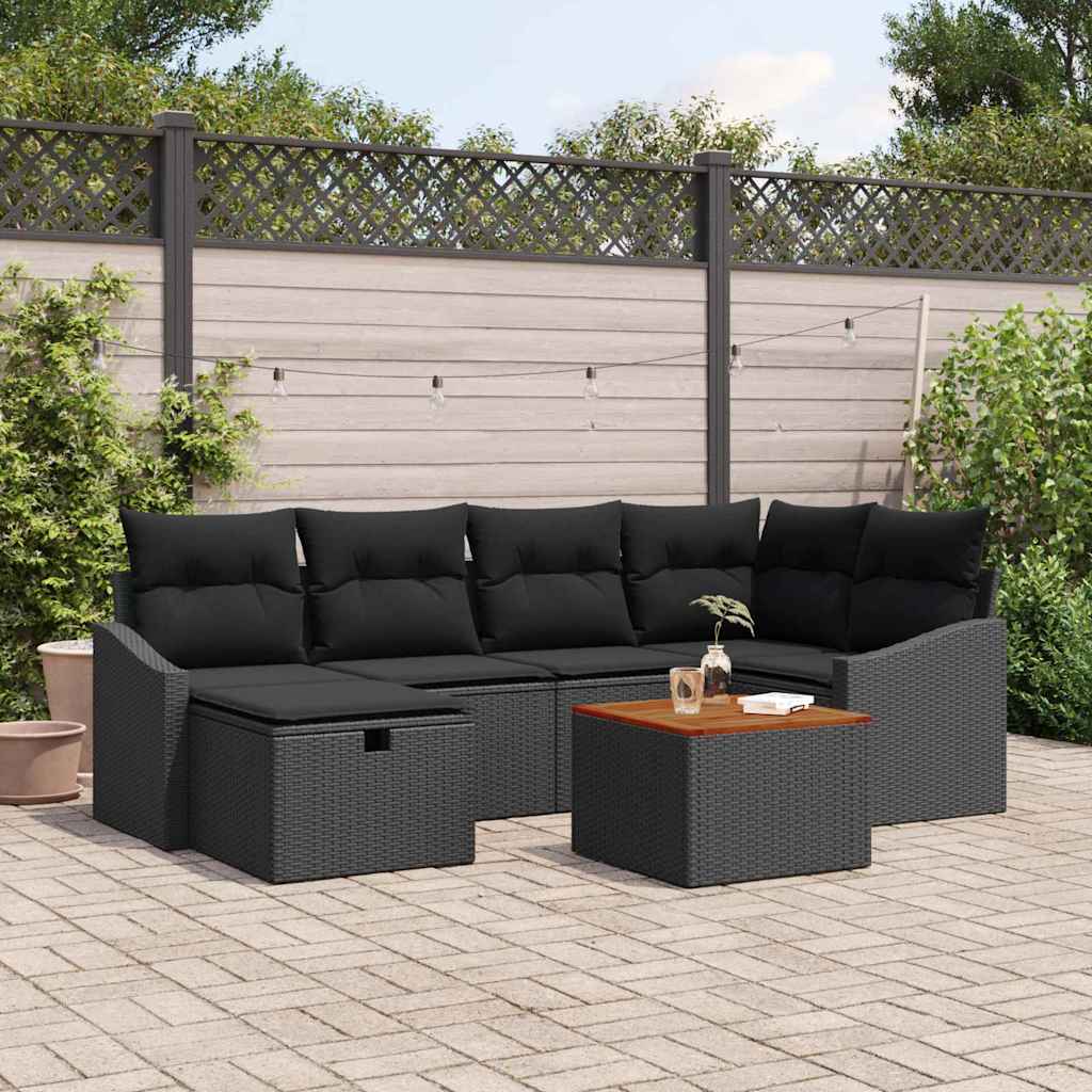 Gartensofa-set mit Kissen 7 pcs Schwarz Poly-Rattan