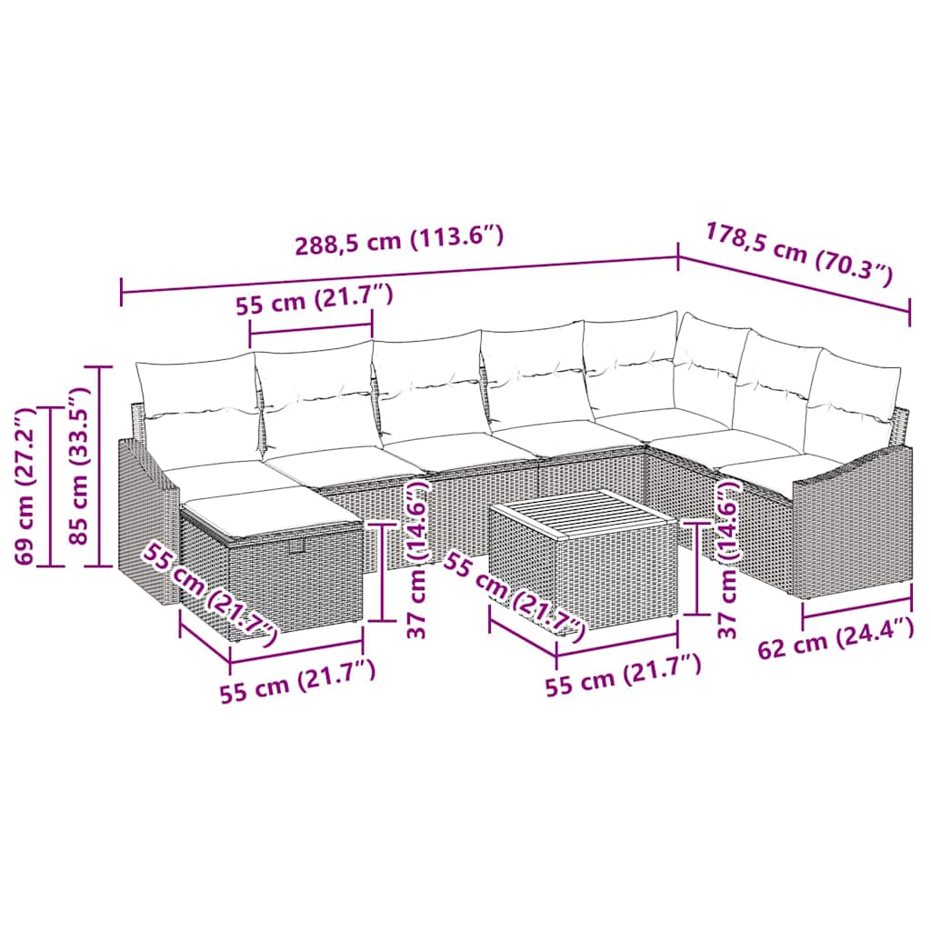 Gartensofa-set mit Kissen mit Speicher 9 pcs Beige Poly-Rattan