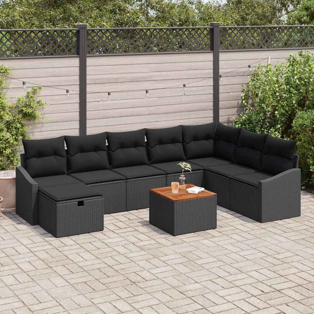Gartensofa-set mit Kissen 9 pcs Schwarz Poly-Rattan