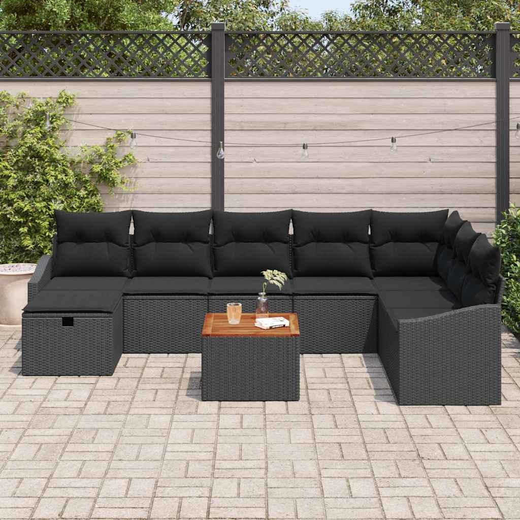 Gartensofa-set mit Kissen 9 pcs Schwarz Poly-Rattan