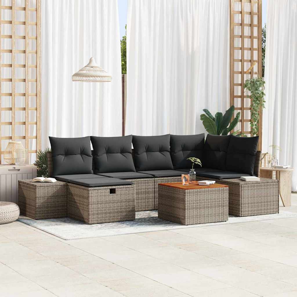 Gartensofa-set mit Kissen mit Speicher 7 pcs Grau Poly-Rattan