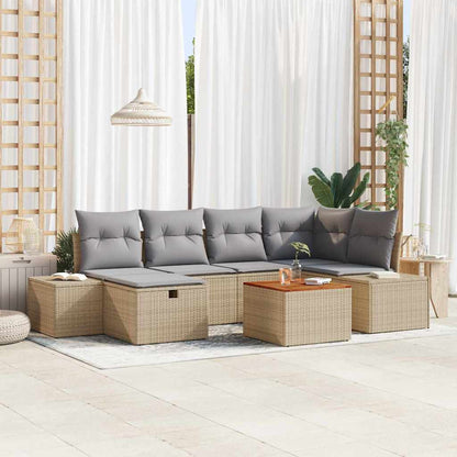 Gartensofa-set mit Kissen mit Speicher 7 pcs Beige Poly-Rattan