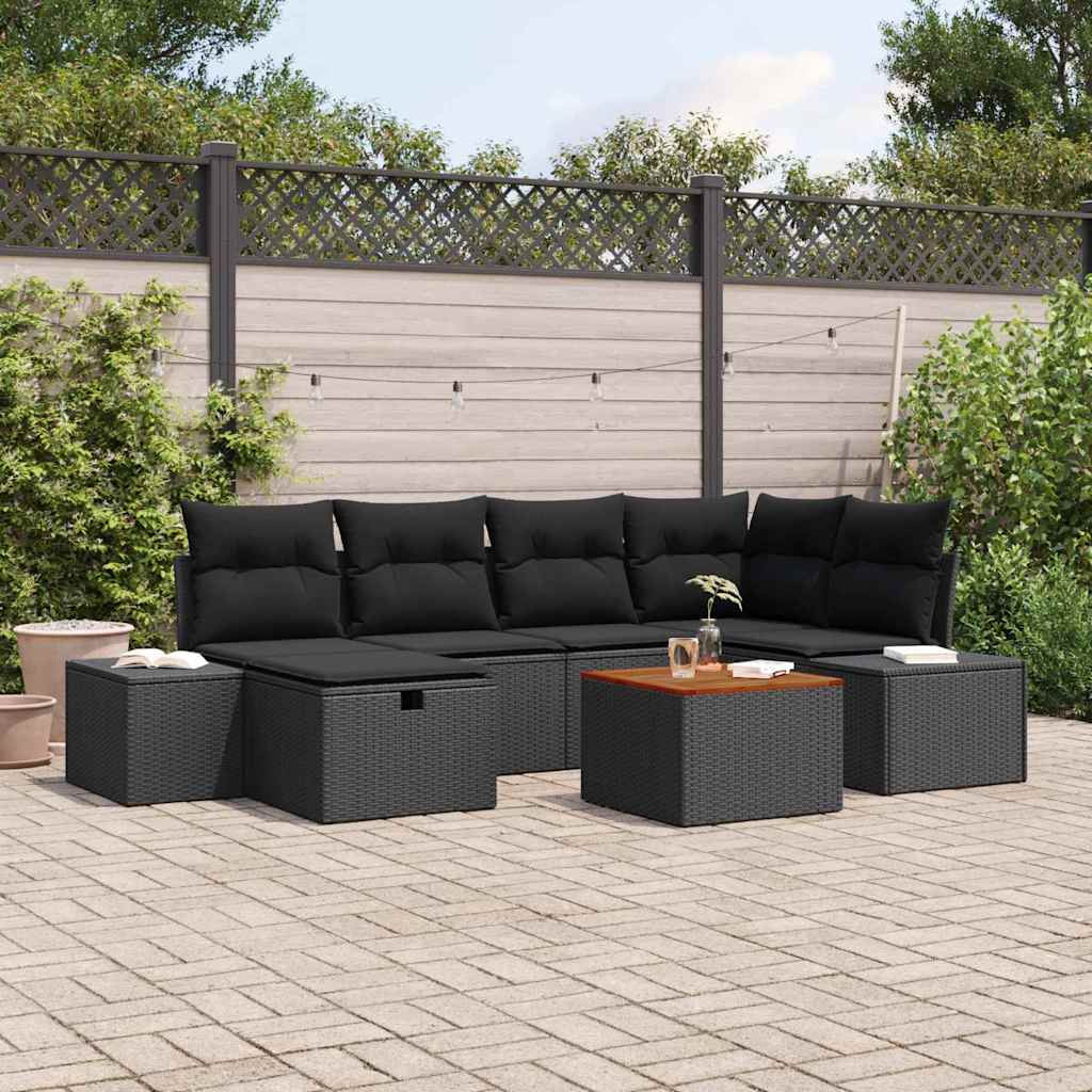 Gartensofa-set mit Kissen 7 pcs Schwarz Poly-Rattan