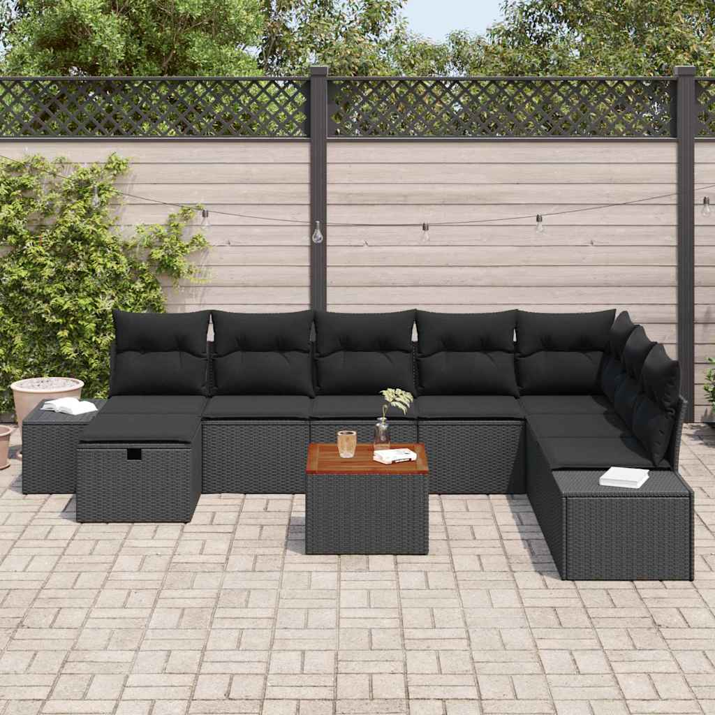 Gartensofa-set mit Kissen 9 pcs Schwarz Poly-Rattan