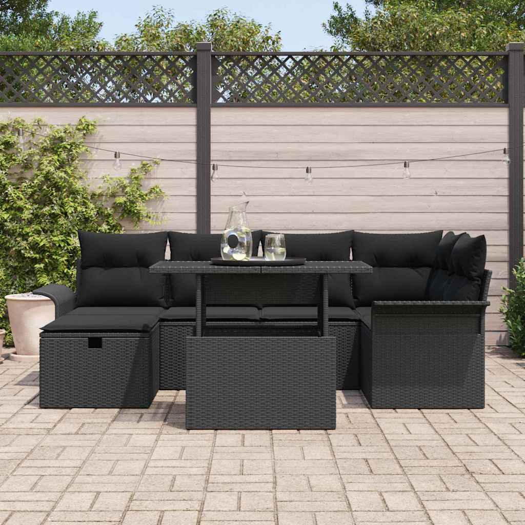Gartensofa-set mit Kissen 7 pcs Schwarz Poly-Rattan