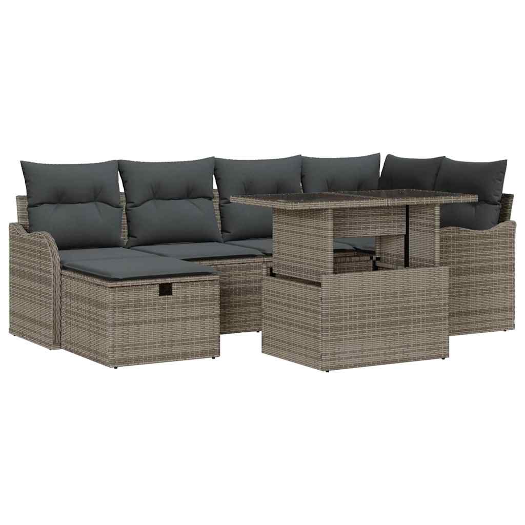 Garten-Sofa-Set mit Kissen mit Speicher 7 pcs Grau Poly Rattan