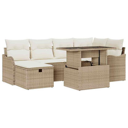Garten-Sofa-Set mit Kissen mit Speicher 7 pcs Beige Poly Rattan