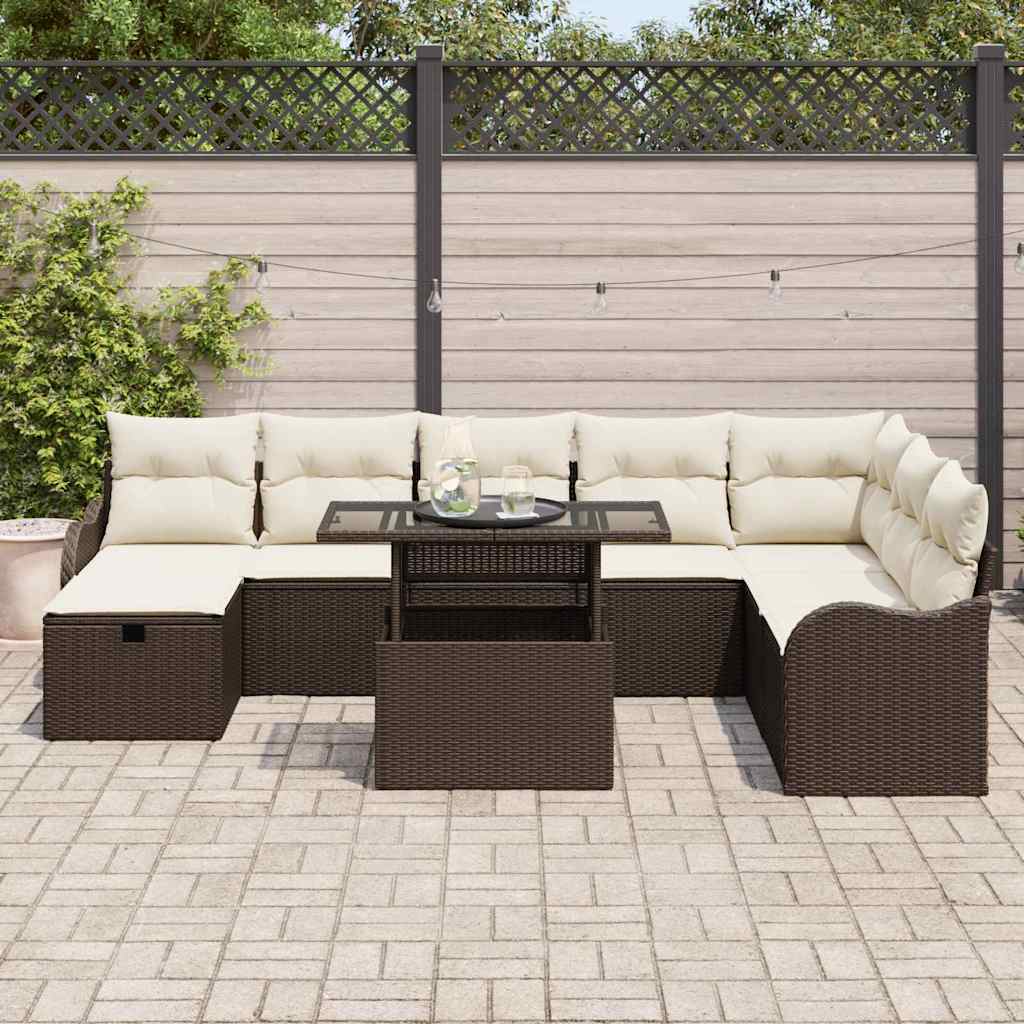 vidaXL Salon de jardin avec coussins et rangements 9 pcs Résine tressée Marron