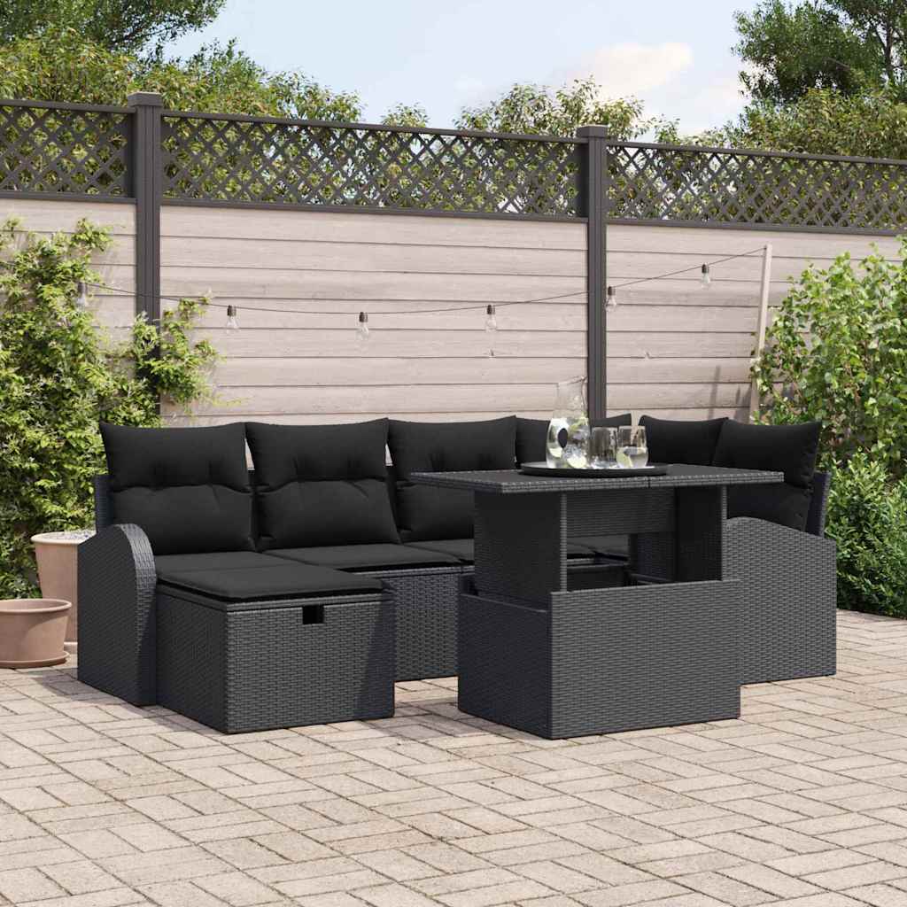 Garten-Sofa-Set mit Kissen 7 pcs Schwarz Poly Rattan