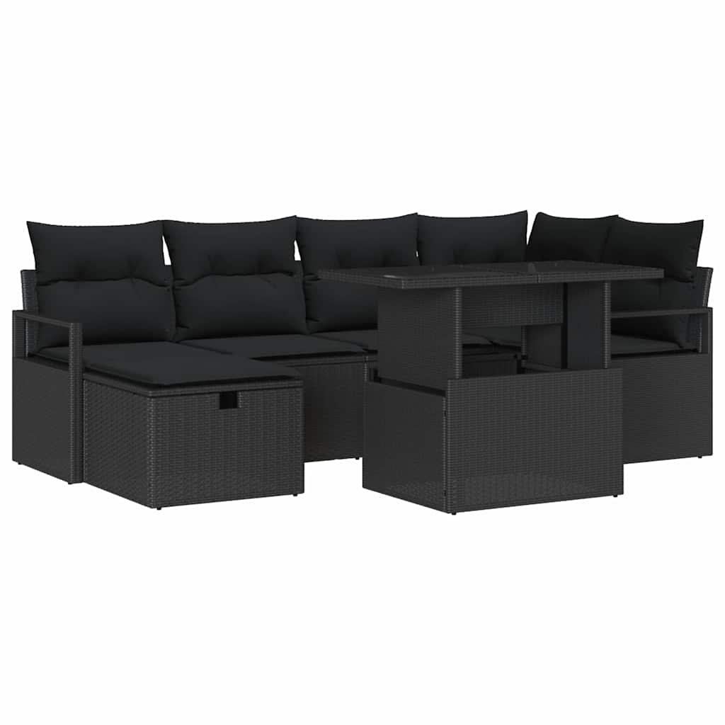 Garten-Sofa-Set mit Kissen 7 pcs Schwarz Poly Rattan