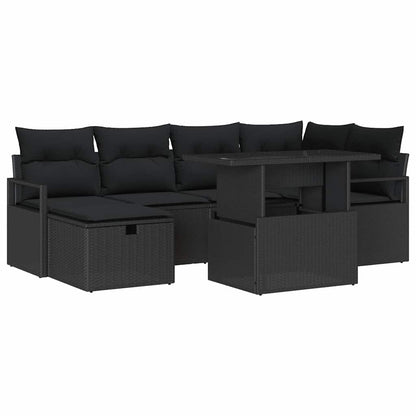 Garten-Sofa-Set mit Kissen 7 pcs Schwarz Poly Rattan