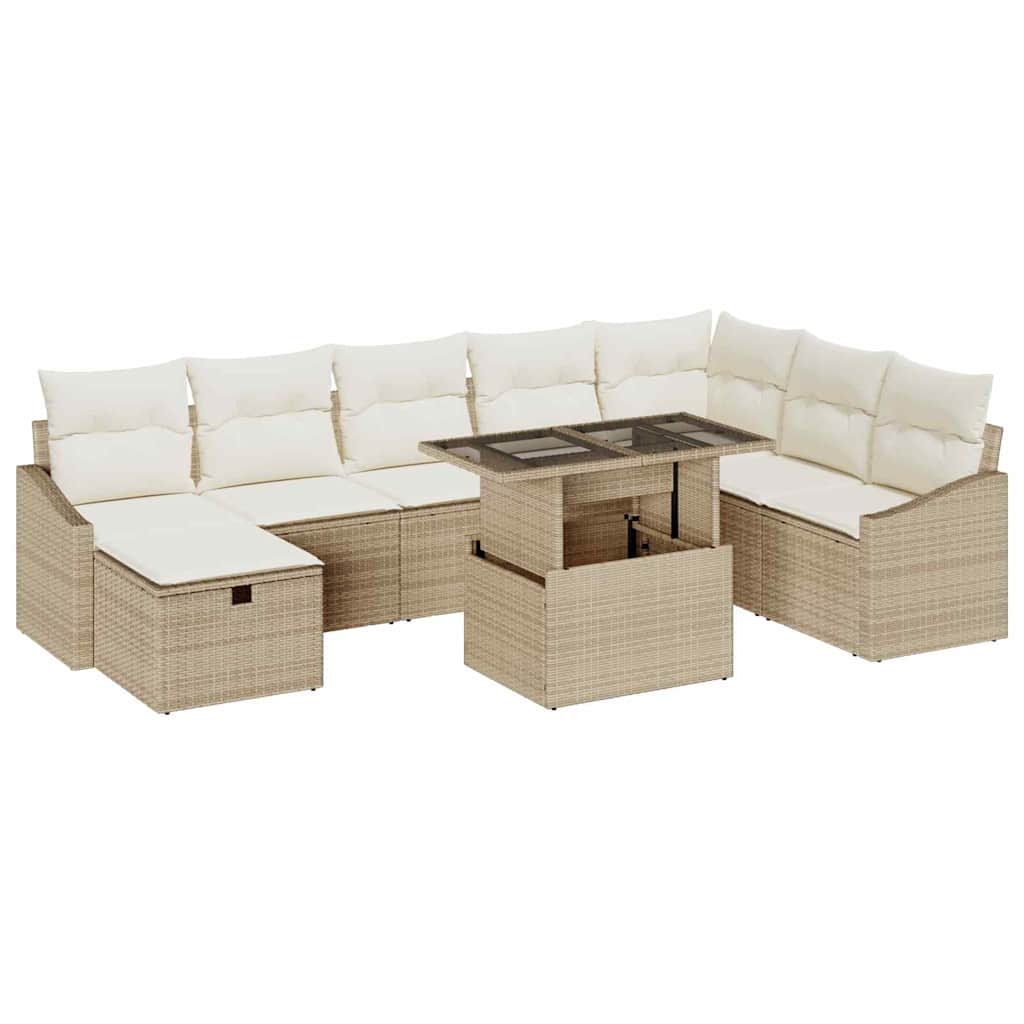 Garten-Sofa-Set mit Kissen mit Speicher 9 pcs Beige Poly Rattan