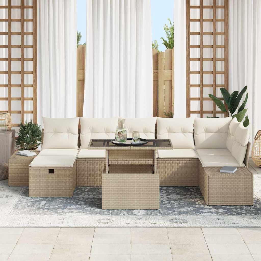 Garten-Sofa-Set mit Kissen mit Speicher 8 pcs Beige Poly Rattan
