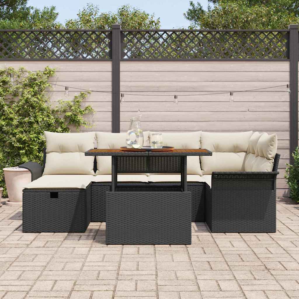 Gartensofa-set mit Kissen 7 pcs Schwarz Poly-Rattan