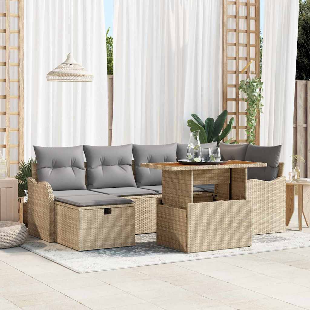 Gartensofa-set mit Kissen mit Speicher 7 pcs Beige Poly-Rattan