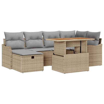Gartensofa-set mit Kissen mit Speicher 7 pcs Beige Poly-Rattan