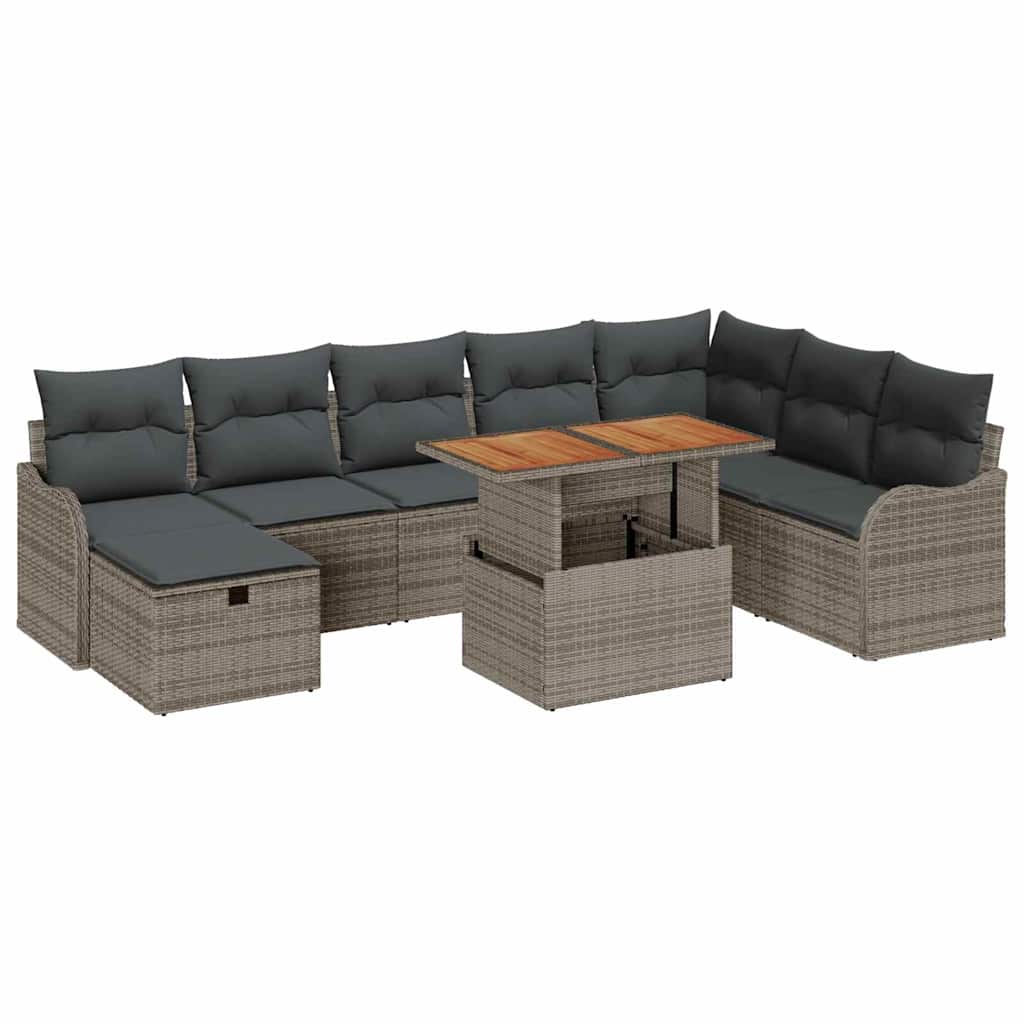 Gartensofa-set mit Kissen mit Speicher 9 pcs Grau Poly-Rattan