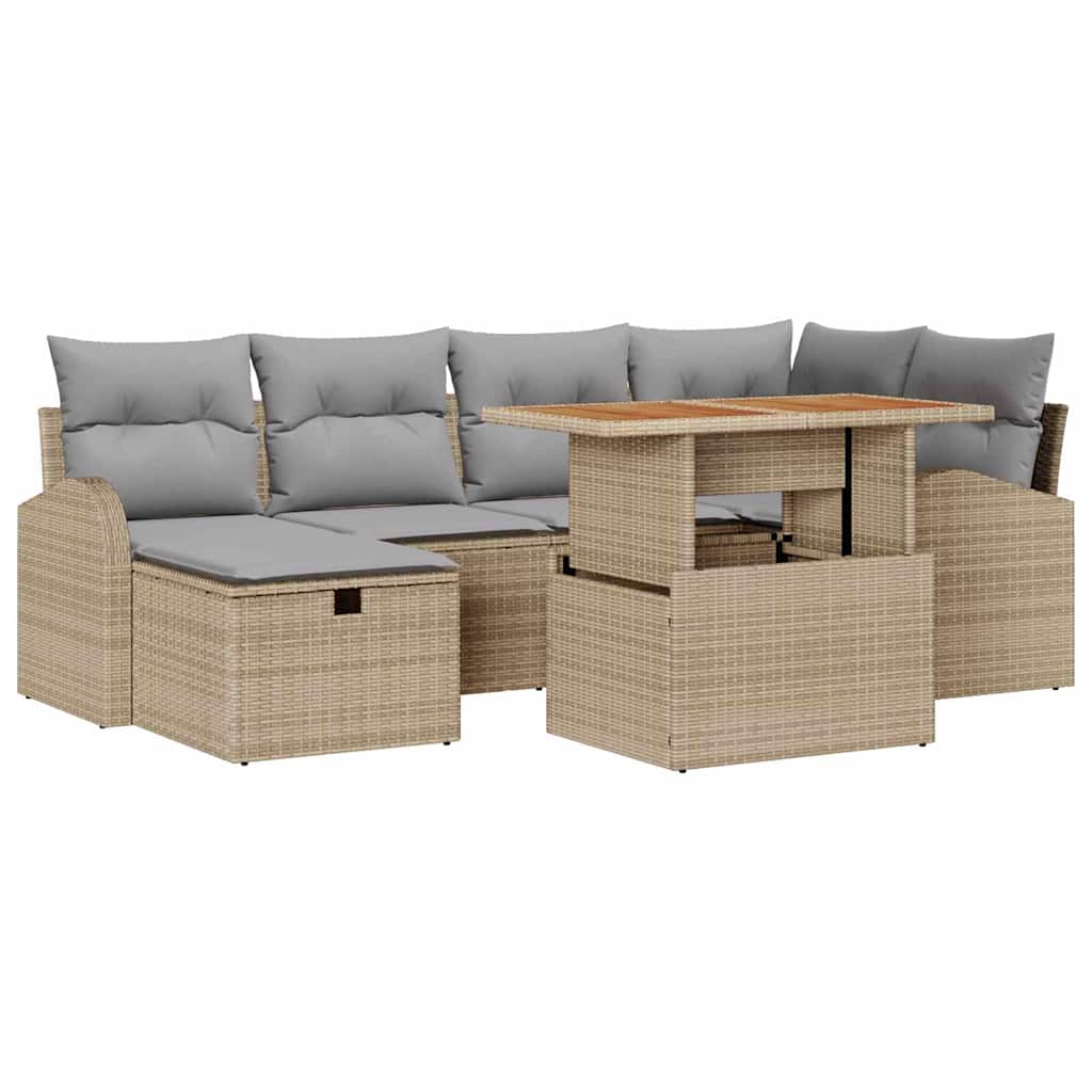 Gartensofa-set mit Kissen mit Speicher 7 pcs Beige Poly-Rattan