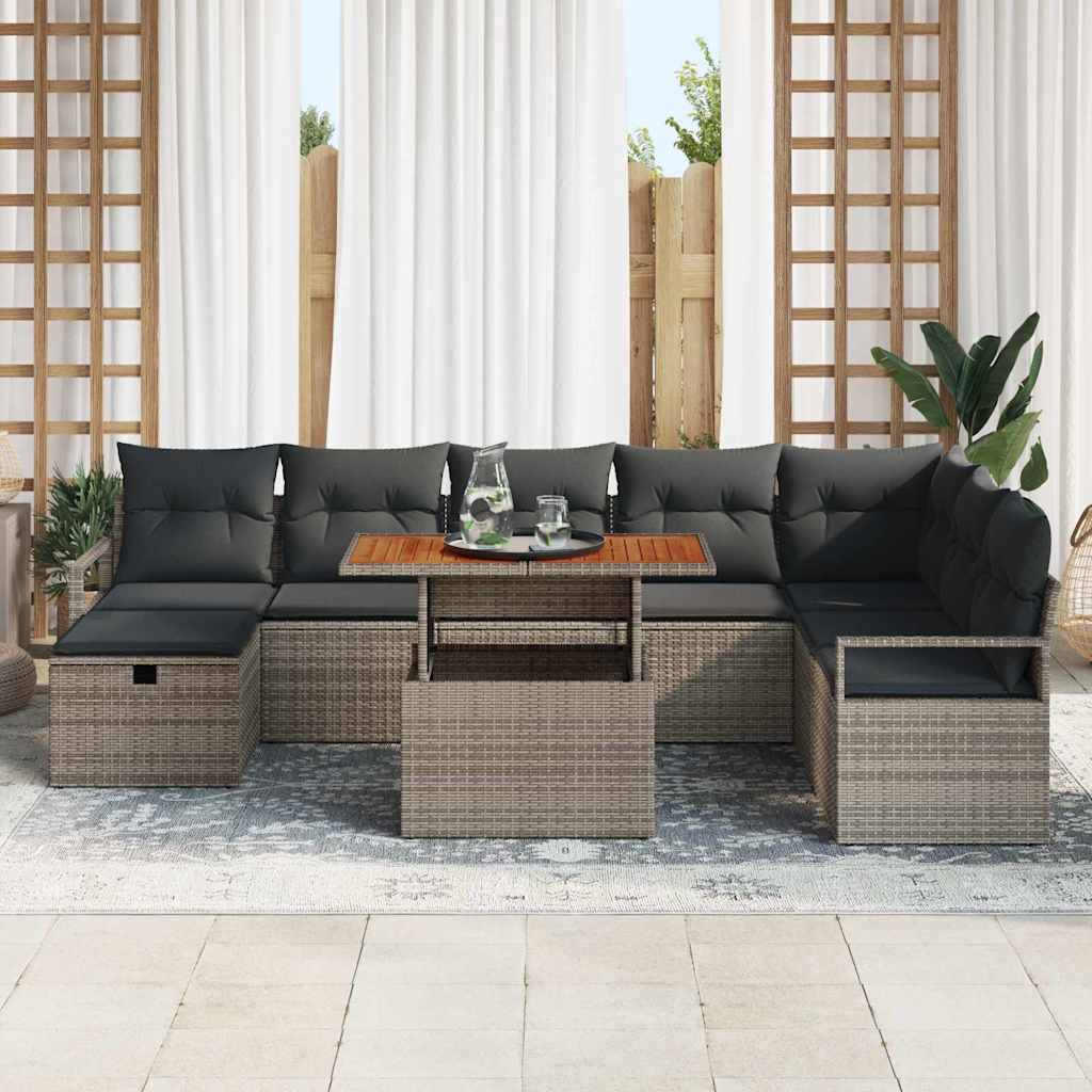 Gartensofa-set mit Kissen mit Speicher 9 pcs Grau Poly-Rattan