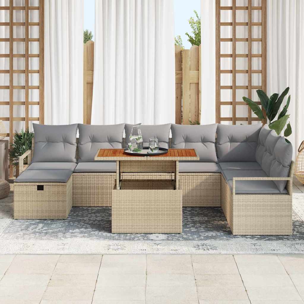 Gartensofa-set mit Kissen mit Speicher 9 pcs Beige Poly-Rattan